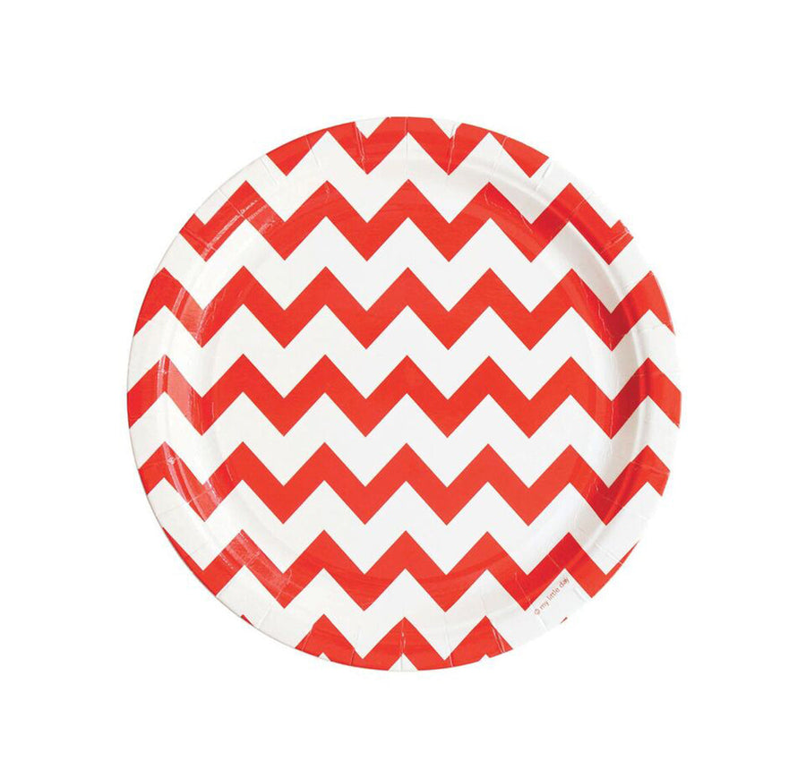 Red Chevron Paper Plates / Set of 8